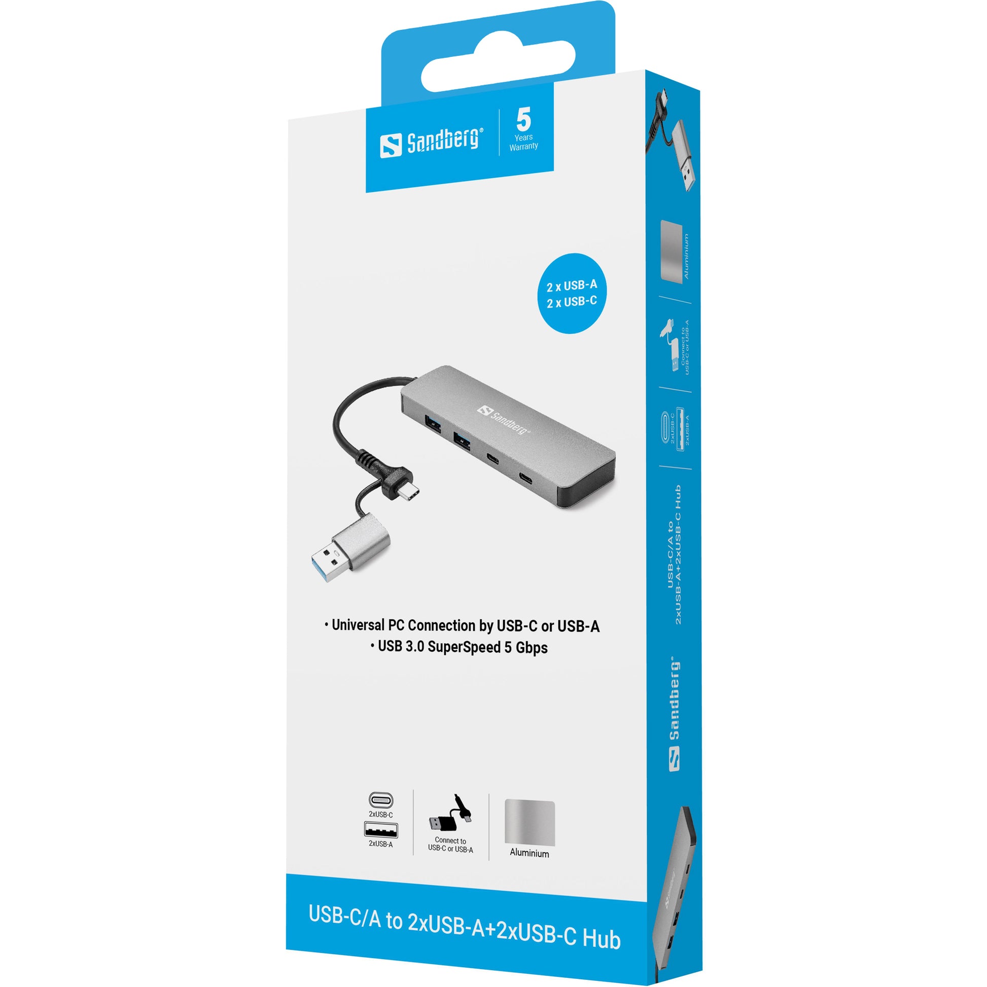 Sandberg USB-Hub – USB-C/USB-A, 2× USB-A, 2× USB-C, für Windows/Mac
