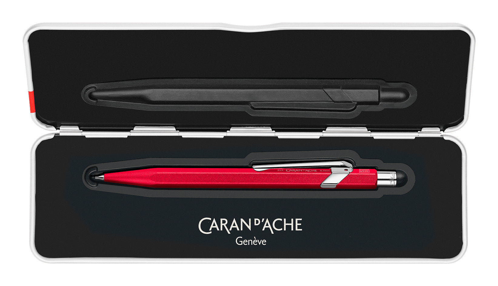 Caran d-Ache 849 Colormat-X Druckbleistift – 0,7 mm – Aluminium – Rot – mit Radierer – 1er-Pack