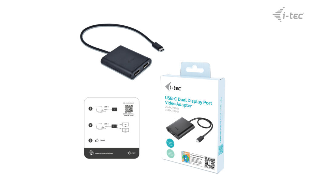 i-tec USB-C zu 2× DisplayPort Adapter – 2× 4K (3840 × 2160) @ 60 Hz / 8K (7680 × 4320) @ 30 Hz, 0,3 m, Schwarz