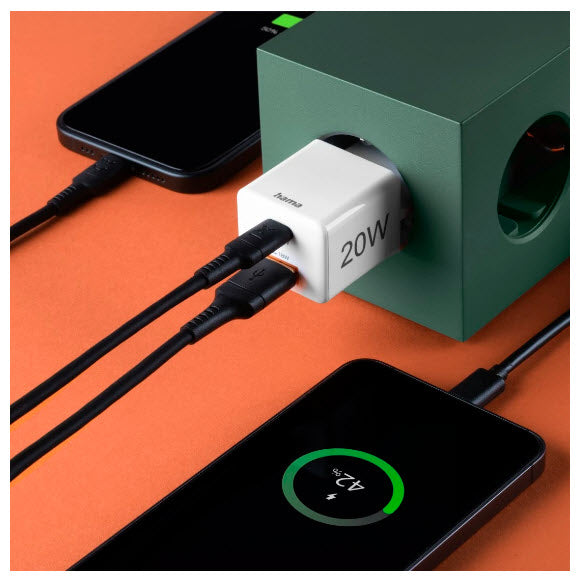 Hama 00201991 USB-Ladegerät 20 W – USB-C×1, USB-A×1 – PD, QC 3.0 – für Kopfhörer, Powerbank u. a. – Weiss