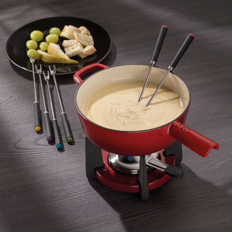 Kela Fondue-Set – Ø 20 cm, Gusseisen, für Käsefondue, Halogen, Rot, 6 Personen, 11 Teile