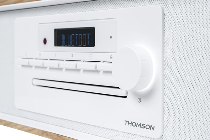 Thomson MIC301IDABBT – Stereo-Vollverstärker, 2×50 W (8 Ω), USB, 3,5 mm Kopfhöreranschluss, Cinch, Weiss/Holz