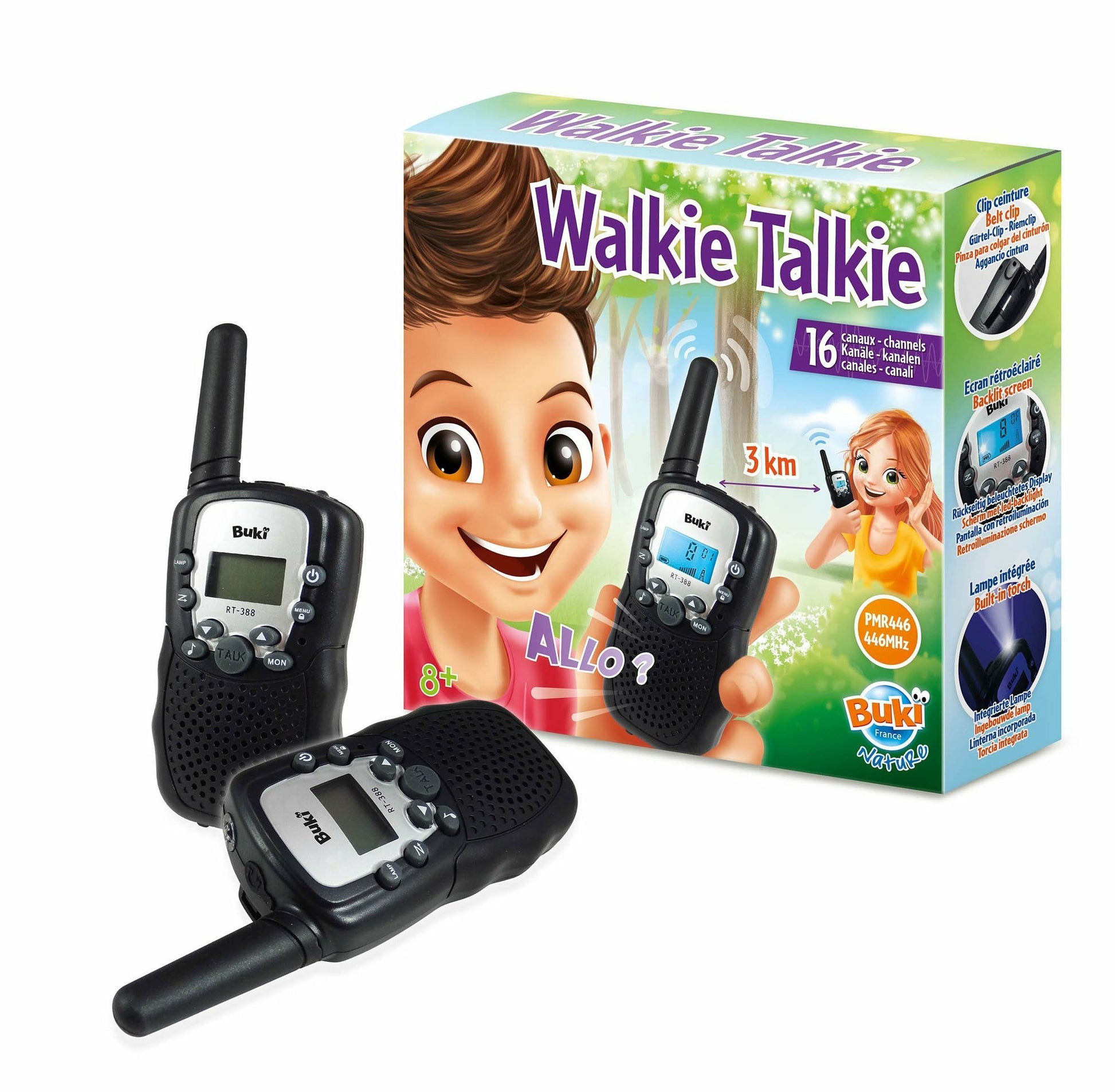 Buki Walkie-Talkie – 3 km Reichweite, 16 Kanäle – 2 Stück – ab 8 Jahren – Schwarz/Grau