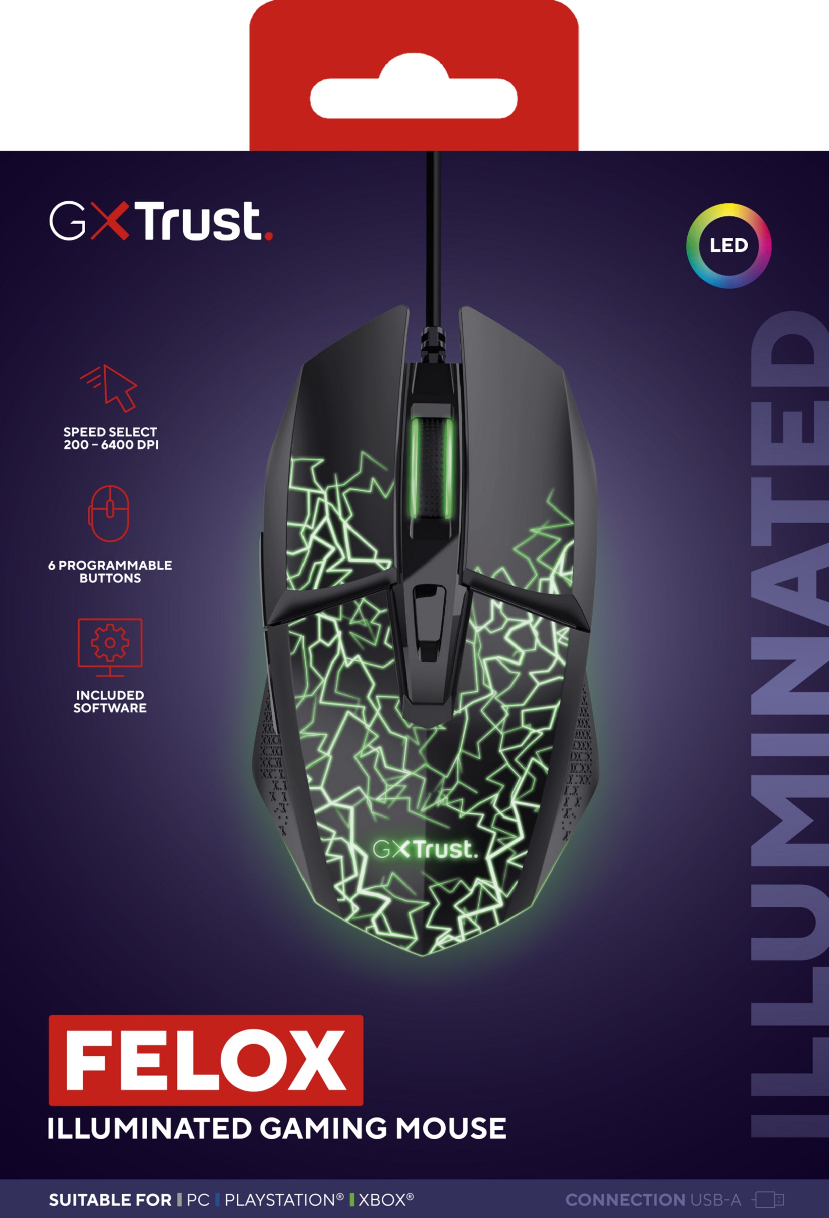 Trust GXT 113 Felox – Gaming-Maus – Kabelgebunden (USB-A), 6400 DPI, RGB-Beleuchtung, Rechts, Schwarz