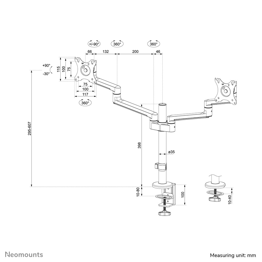 Neomounts Ds60-425Wh2 – Monitorarm – bis 27", Neigen/Schwenken, Drehen, Weiss