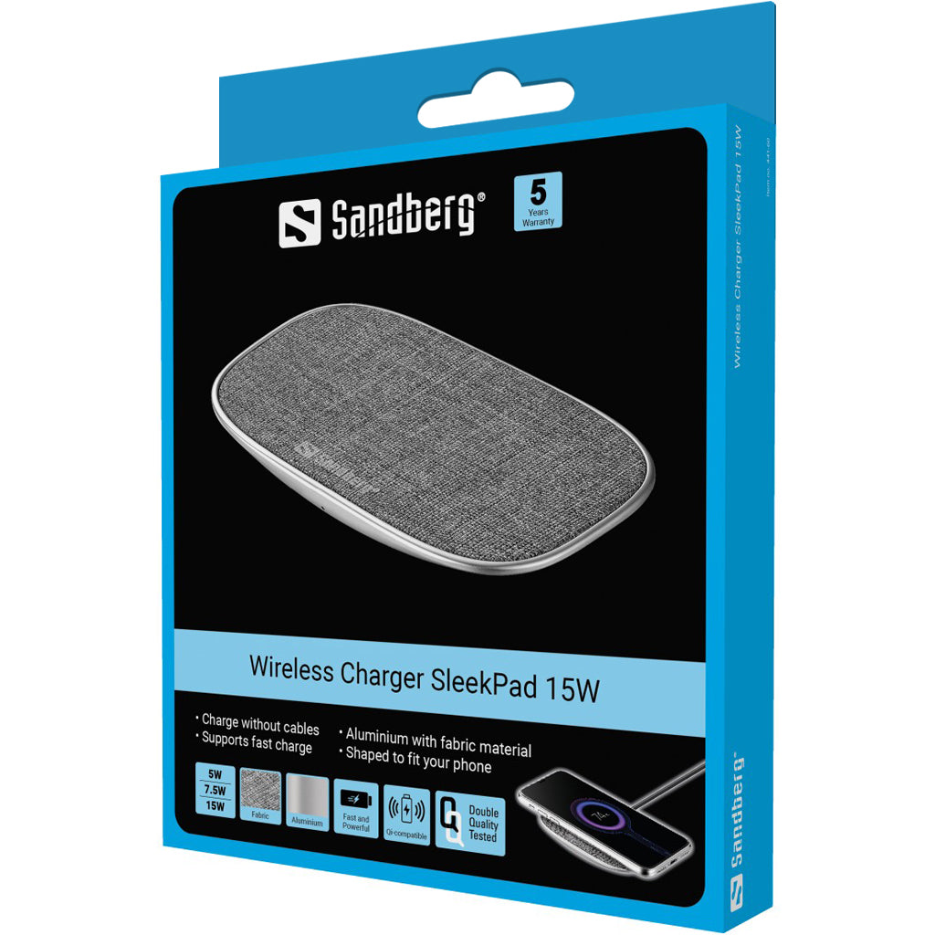 Sandberg SleekPad Kabelloses Ladegerät 15 W – Qi – USB‑C×1 – für Qi-fähige Geräte – Grau