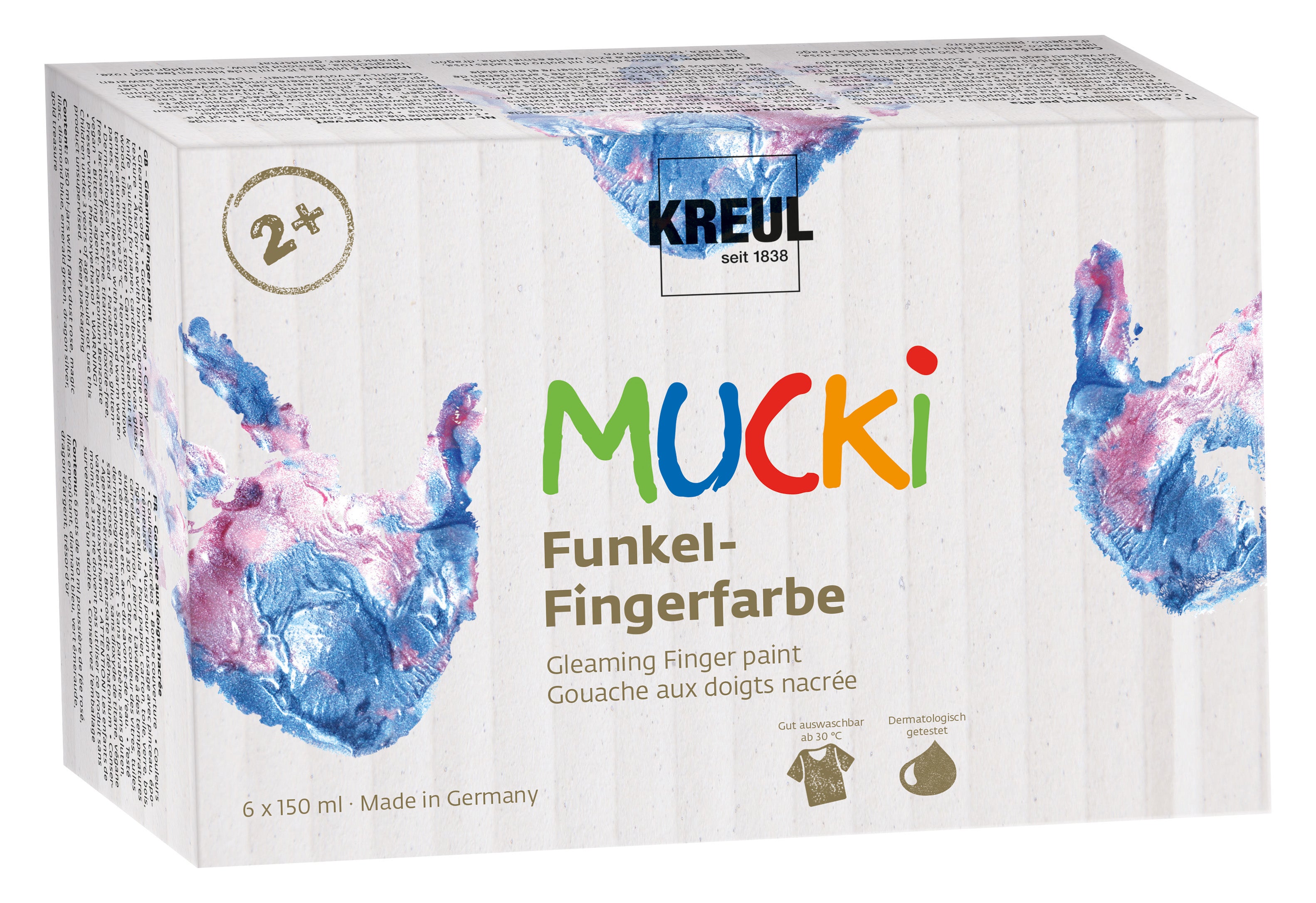 KREUL MUCKI Fingerfarben – Mehrfarbig, Glitter – 6 Farben – 6×150 ml (900 ml) – für Papier, Glas, Holz