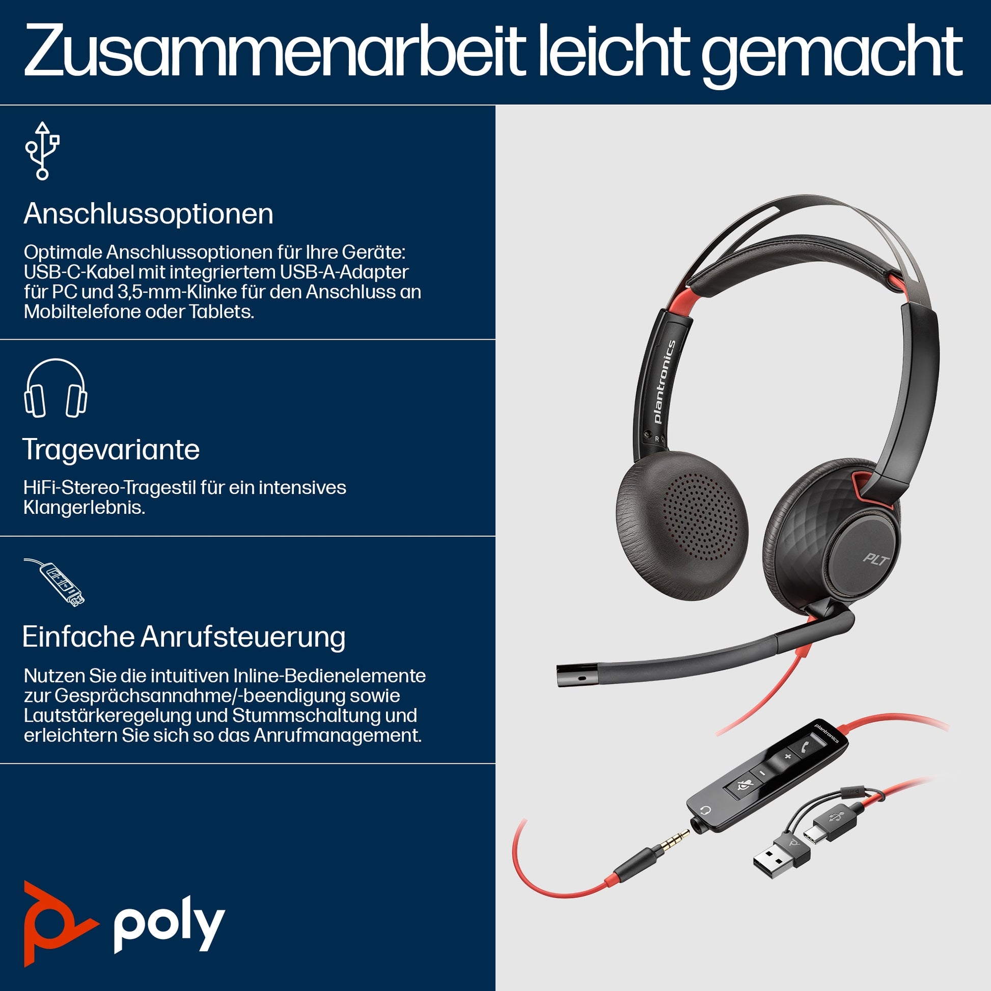 Poly Blackwire 5220 Office-Headset – On-Ear, Stereo, 3,5 mm Klinke, USB-C, Schwarz