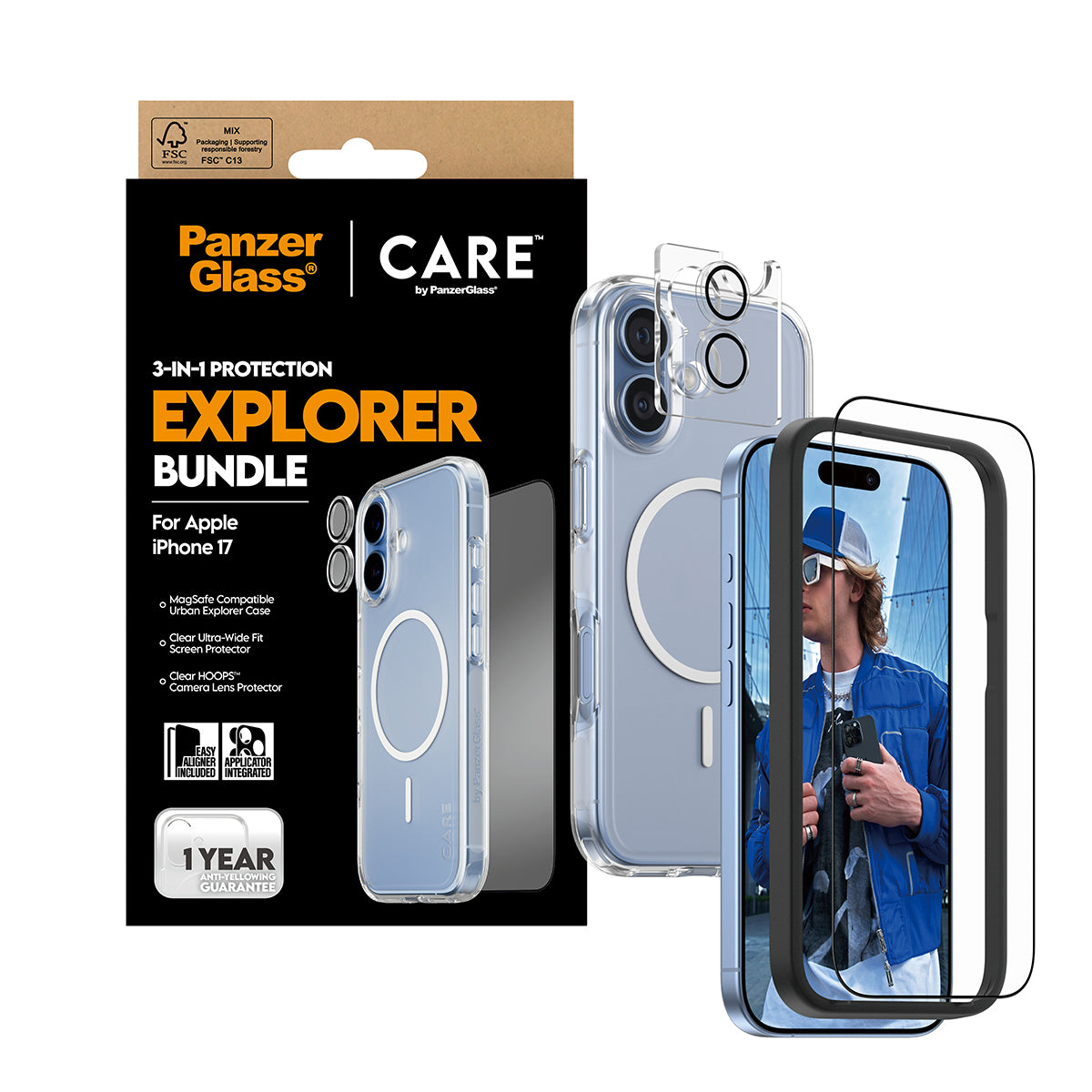 PanzerGlass Schutz-Set 3-in-1 – für Apple iPhone 17, kratzresistent, stossfest, Hartglas, Folie, transparent