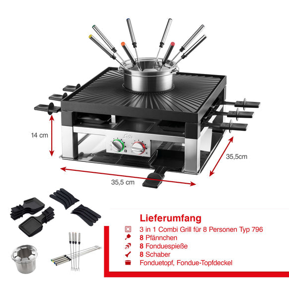 Solis Fondue-Set Combi-Grill 3 in 1 Typ 796 – Fonduetopf 1,3 l, 8 Personen, elektrisch – Edelstahl/Schwarz