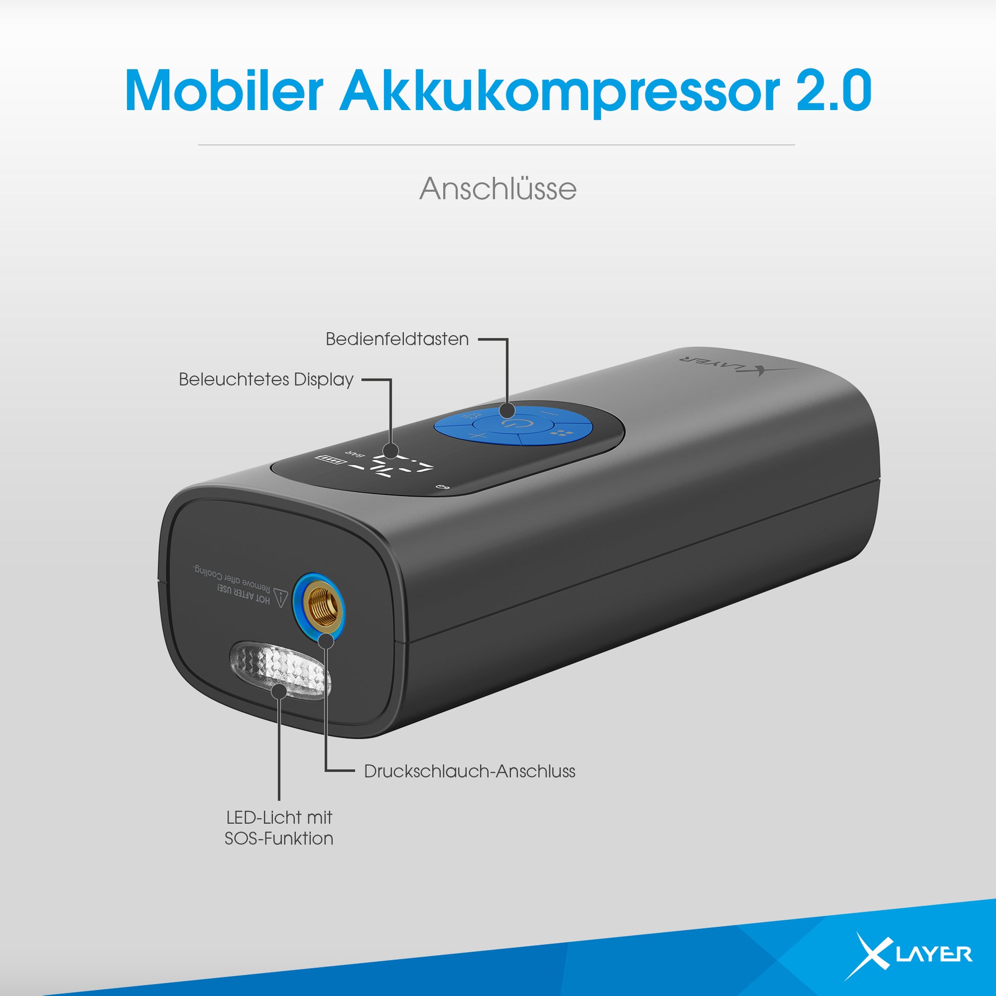 Xlayer Mobile Akkukompressor 2.0 Akku-Luftkompressor – 10,3 bar – 6 Ah – USB-C – inkl. Adapter