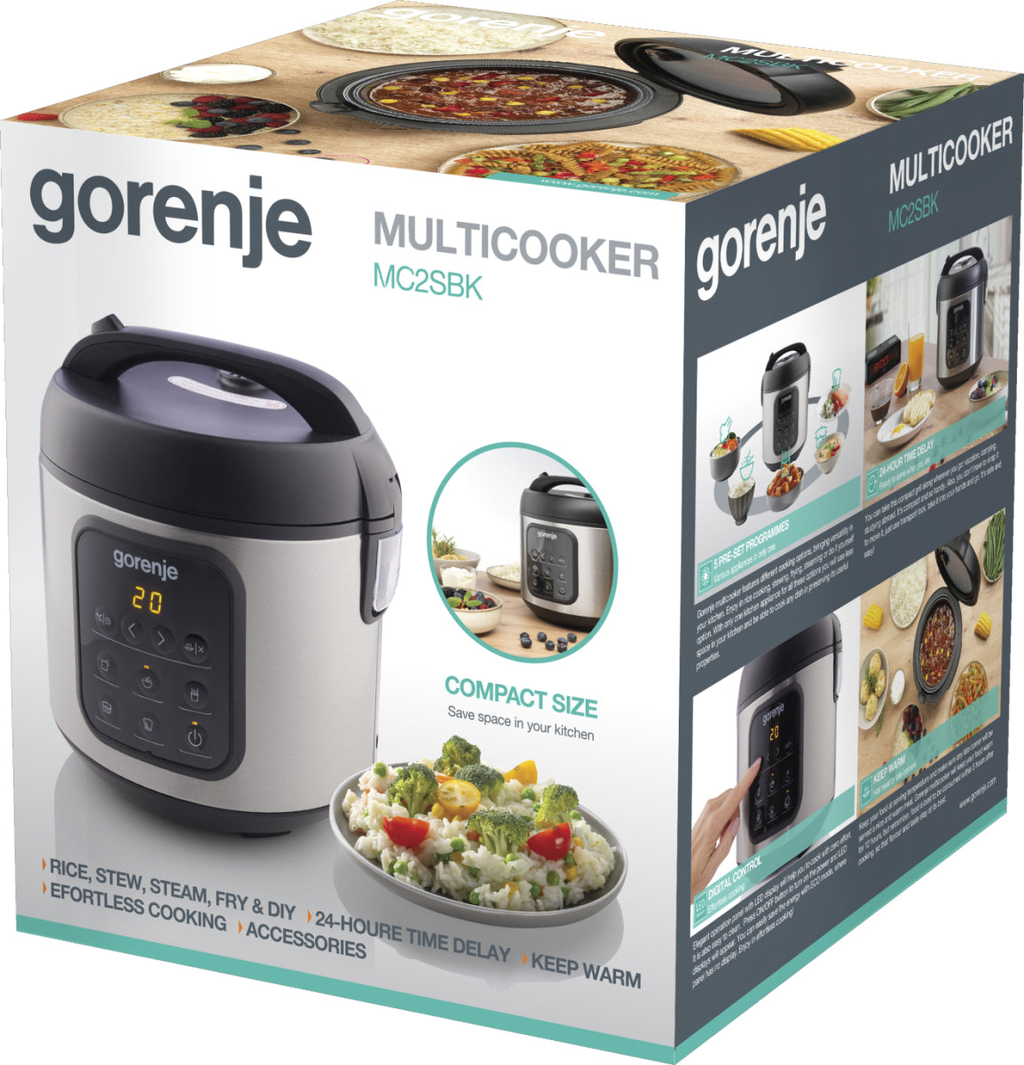 Gorenje Reiskocher MC2SBK – 2 l, 476 W, Warmhaltefunktion – Schwarz/Edelstahl
