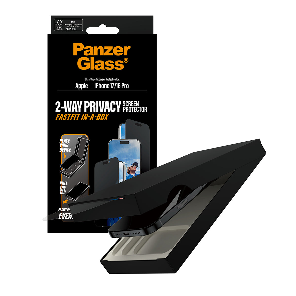 PanzerGlass Displayschutzfolie Privacy – für Apple iPhone 17 – kratzfest, aus recyceltem Material