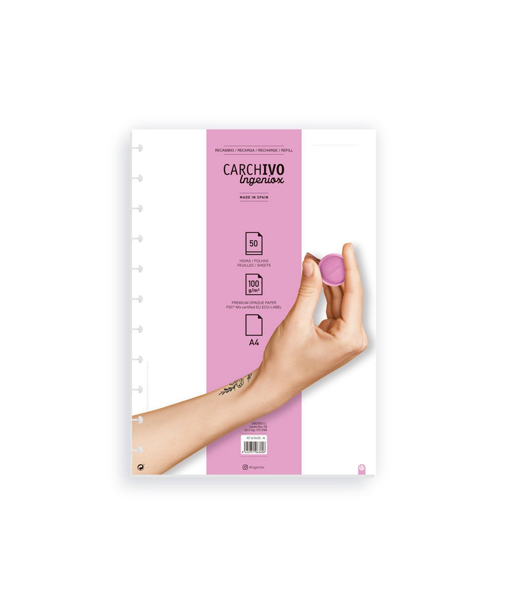 Carchivo Notizbuch-Einlagen A4, blanko, spezielle Perforierung, 100 g/m², für Spiralbuch Ingeniox – 50 Blatt