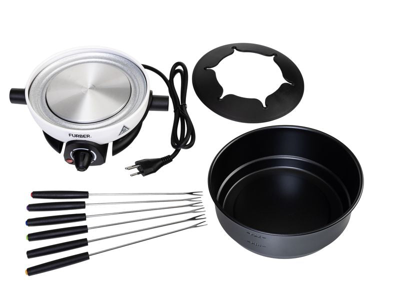 Furber. Furber Fondue-Set Alpy – Edelstahl, 1,3 l, 6 Gabeln, elektrisch – schwarz/weiss