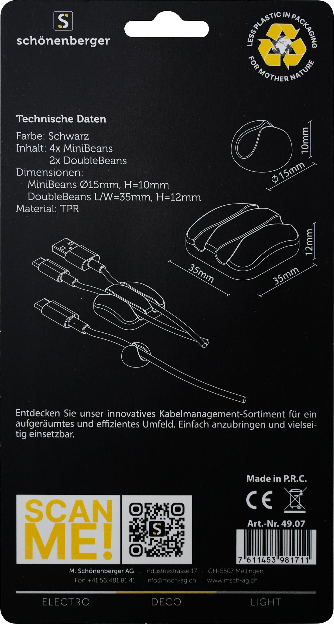 M. Schönenberger Kabelhalter, Universal, 2×Ø 35 mm + 4×Ø 15 mm, 6er-Pack – Schwarz
