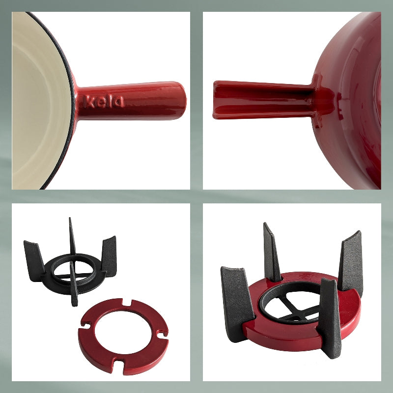 Kela Fondue-Set – Ø 20 cm, Gusseisen, für Käsefondue, Halogen, Rot, 6 Personen, 11 Teile