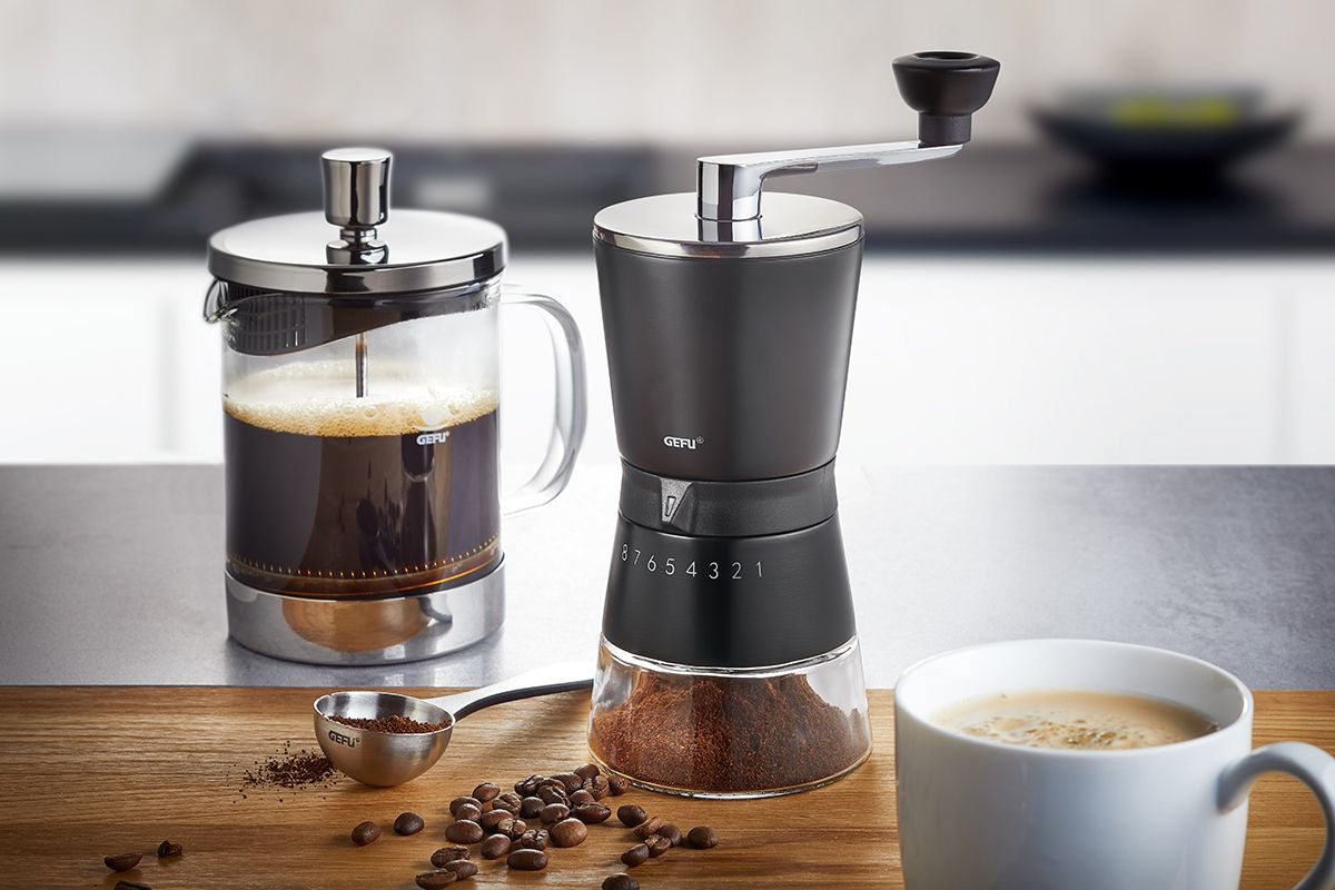 GEFU Hand-Kaffeemühle SANTIAGO – 10 g, Edelstahl-Mahlwerk, Kunststoff – Silber