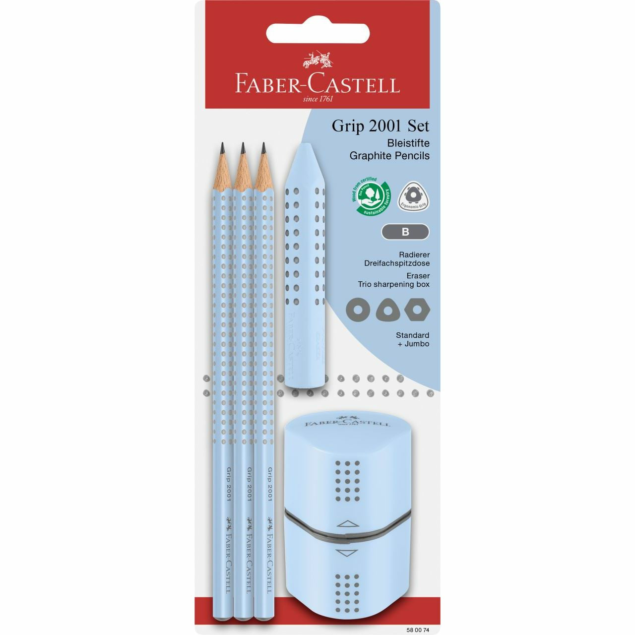 Faber-Castell Grip 2001 Schreibset B, dreikantig, mit Grip-Zone – mit Spitzer & Radierer