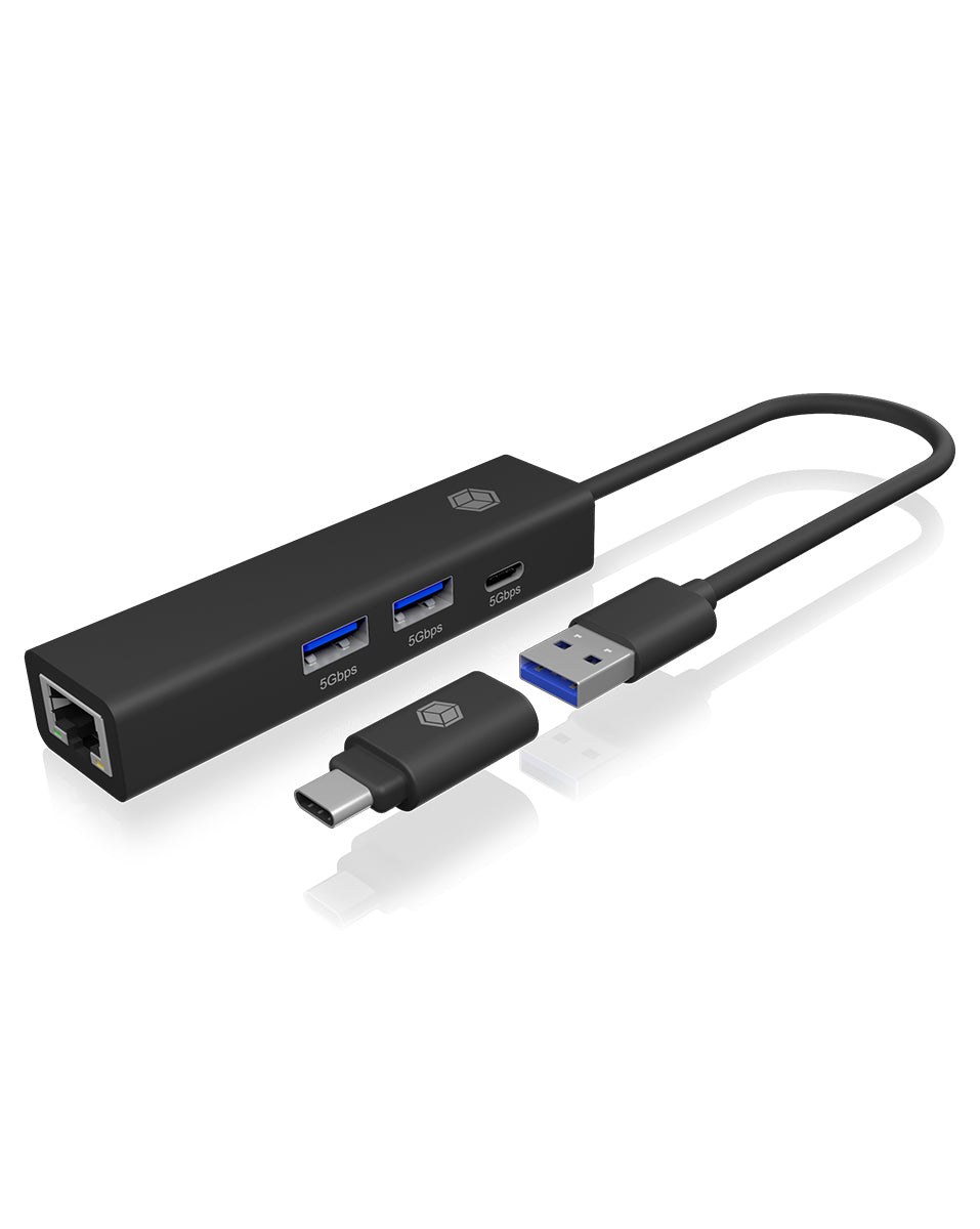 ICY BOX IB-1439-LAN USB-Hub – USB-A, 2× USB-A, 1× USB-C, GbE, für Windows/Mac/ChromeOS