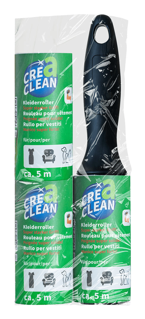 CREaCLEAN Fusselroller – 1 Griff + 3 Ersatzrollen – Schwarz – Papier/ABS