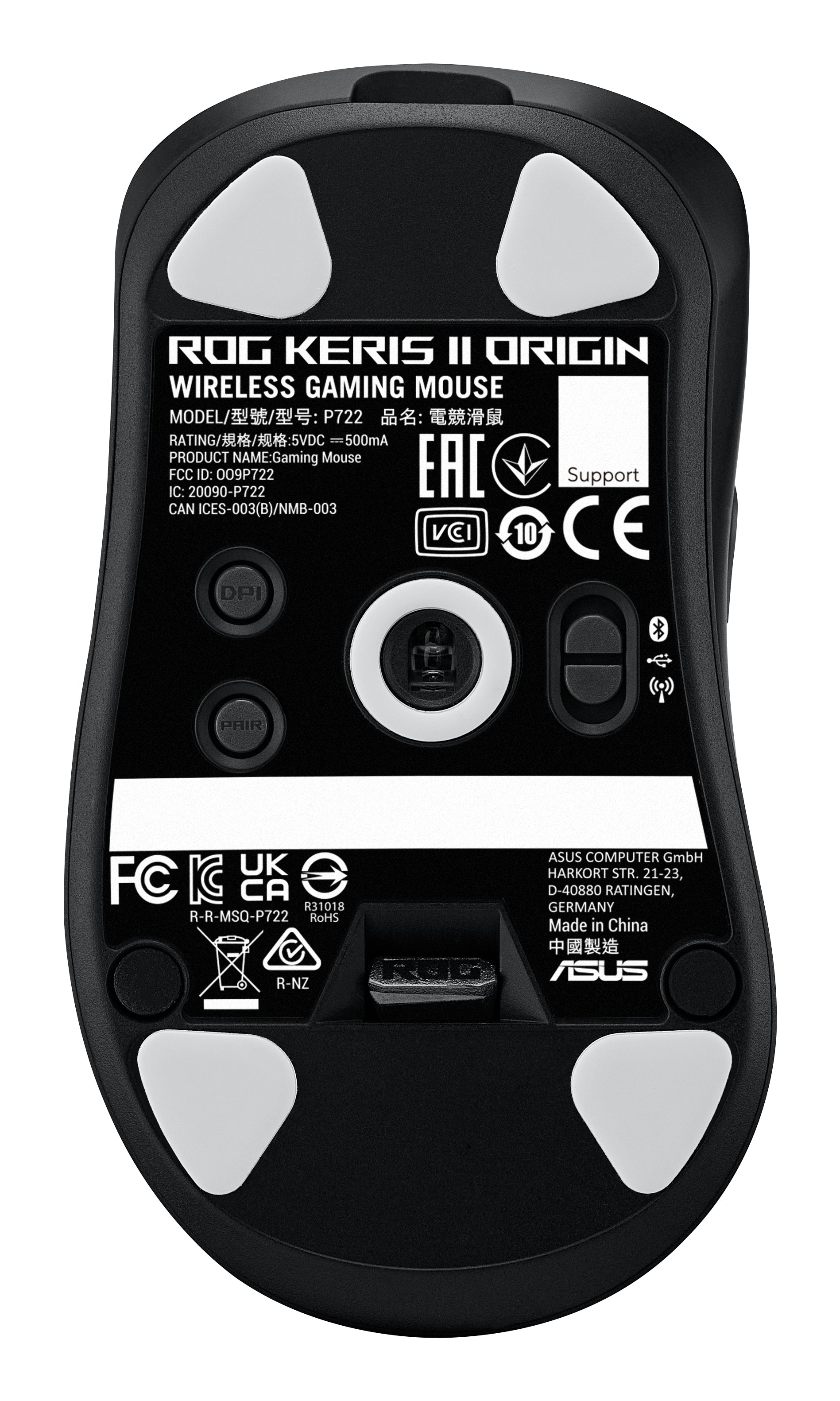 ASUS ROG Keris II Origin Gaming-Maus – kabellos, Bluetooth, USB-A, 42'000 dpi, für Rechtshänder, schwarz