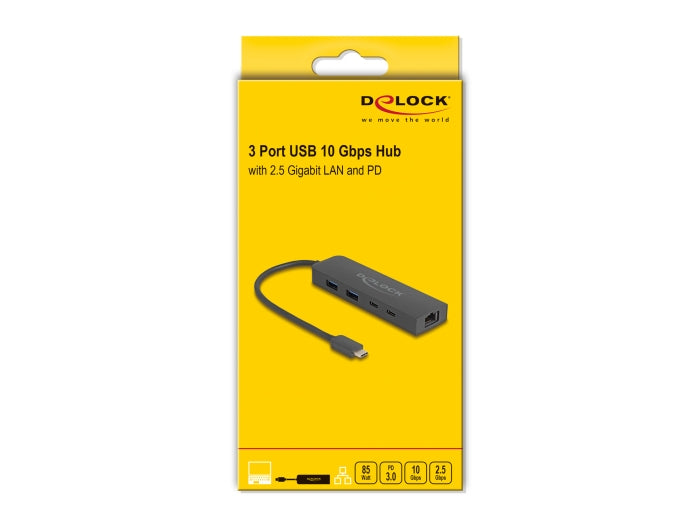 DeLOCK USB-Hub – USB-C, 2× USB-A, 85 W PD, 2,5GbE, für Windows/Mac/Linux