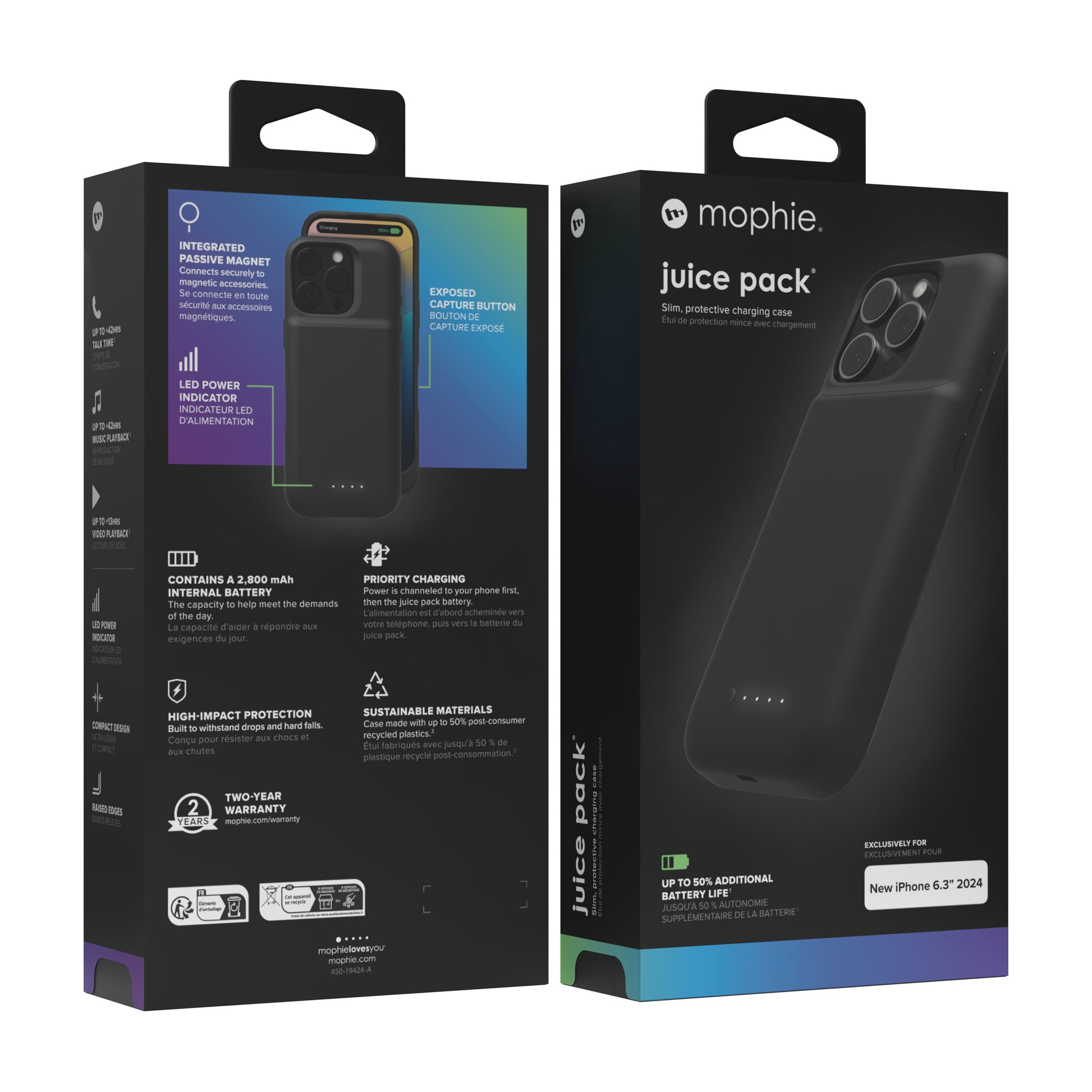 mophie Juice Pack – Power-Case (mit Akku) – für Apple iPhone 16 Pro, Kunststoff, Schwarz, 3600 mAh