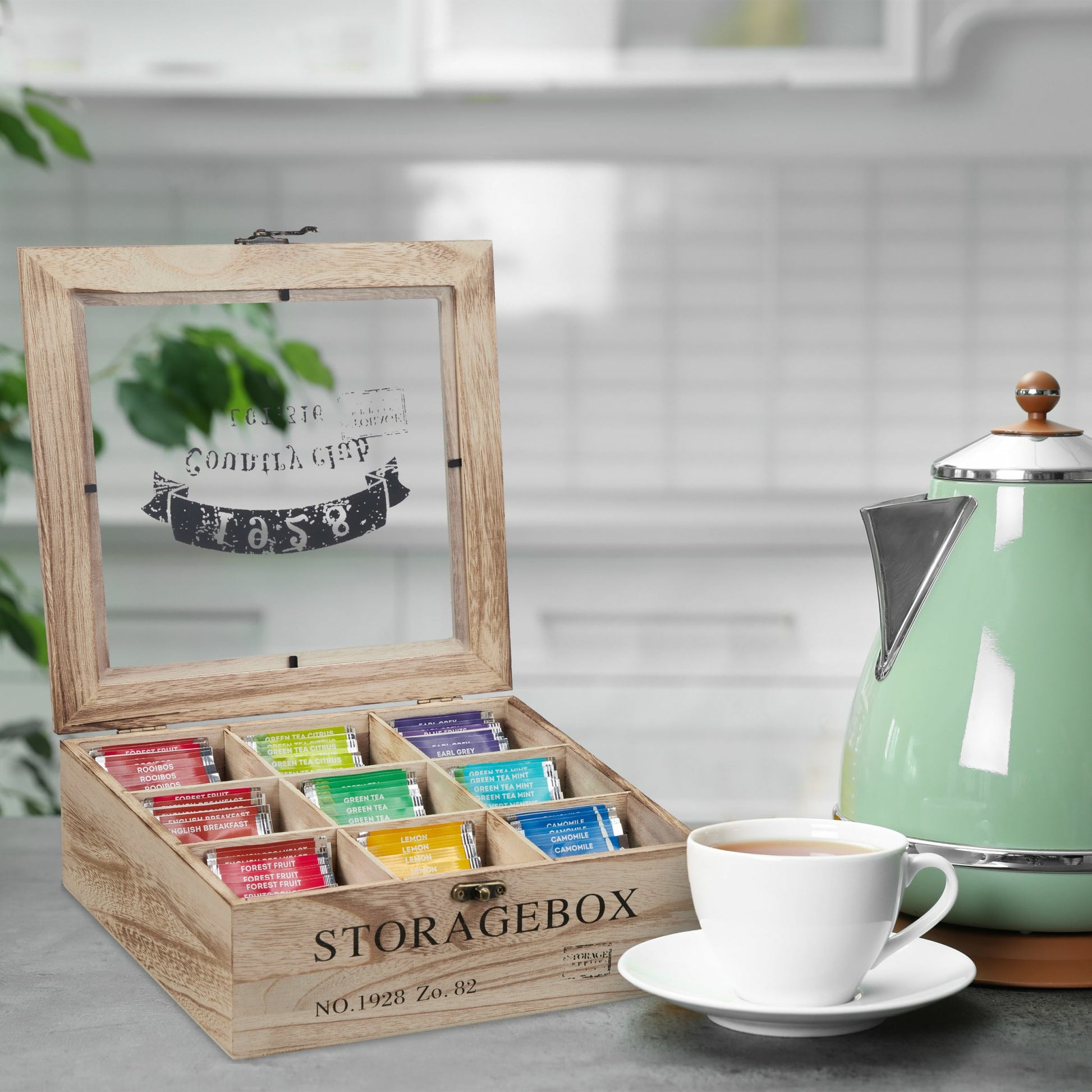 Relaxdays Teebeutelbox Holz, 9 Fächer, 24 × 25 × 9 cm