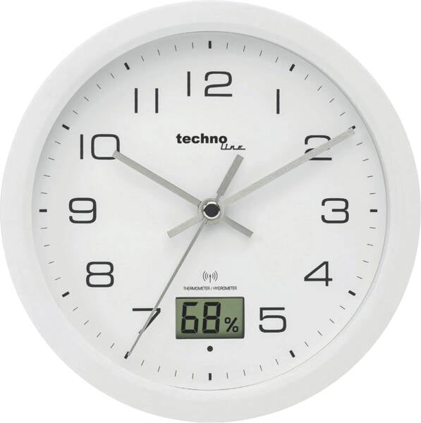Technoline WT3100 Wanduhr – Funk, analog, Thermometer/Hygrometer, Ø 17 cm, weiss