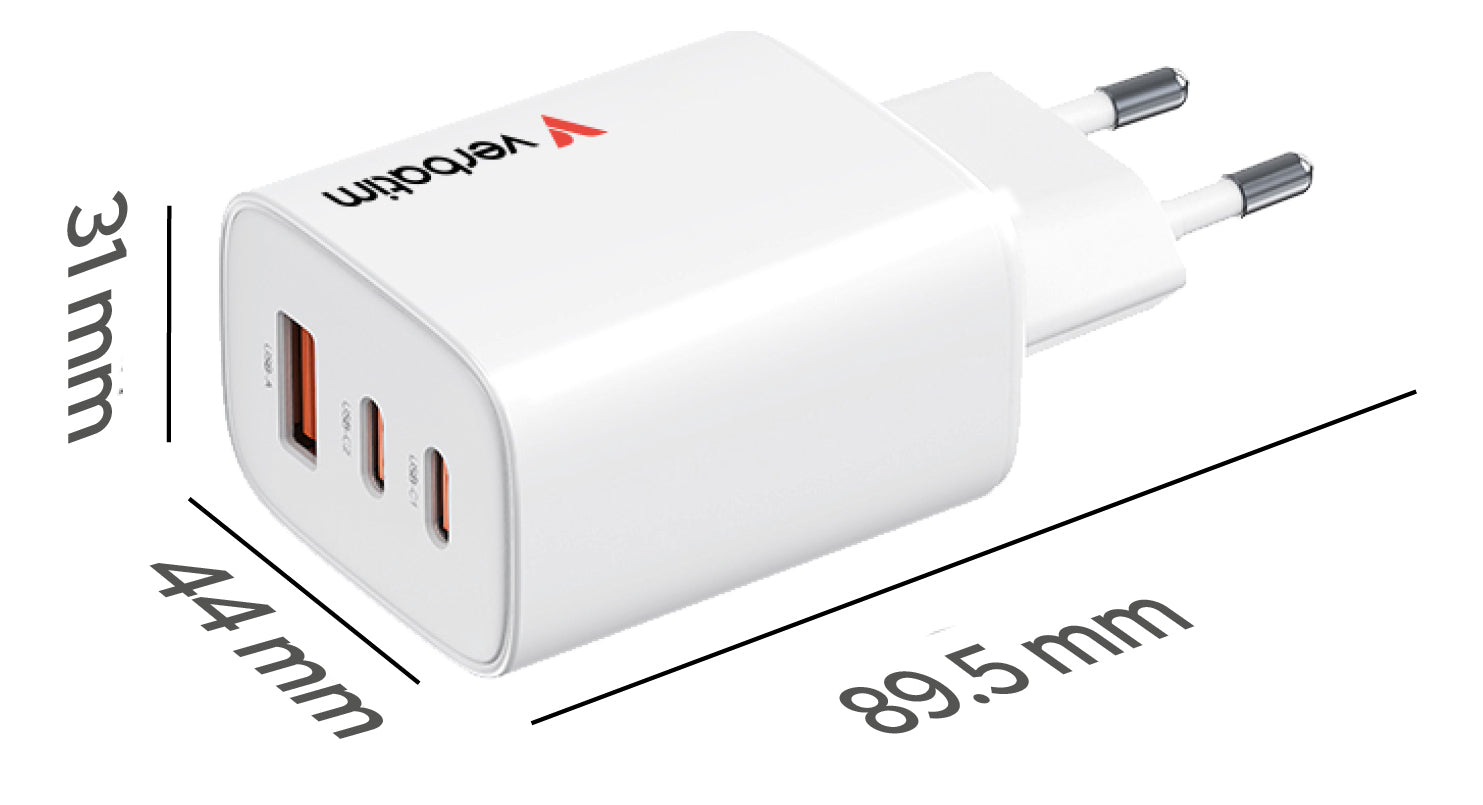 Verbatim Essentials GaN Ladegerät USB-Ladegerät 65 W – USB-C×2, USB-A×1 – PD 3.0, QC 3.0, PPS, GaN – EU-Stecker
