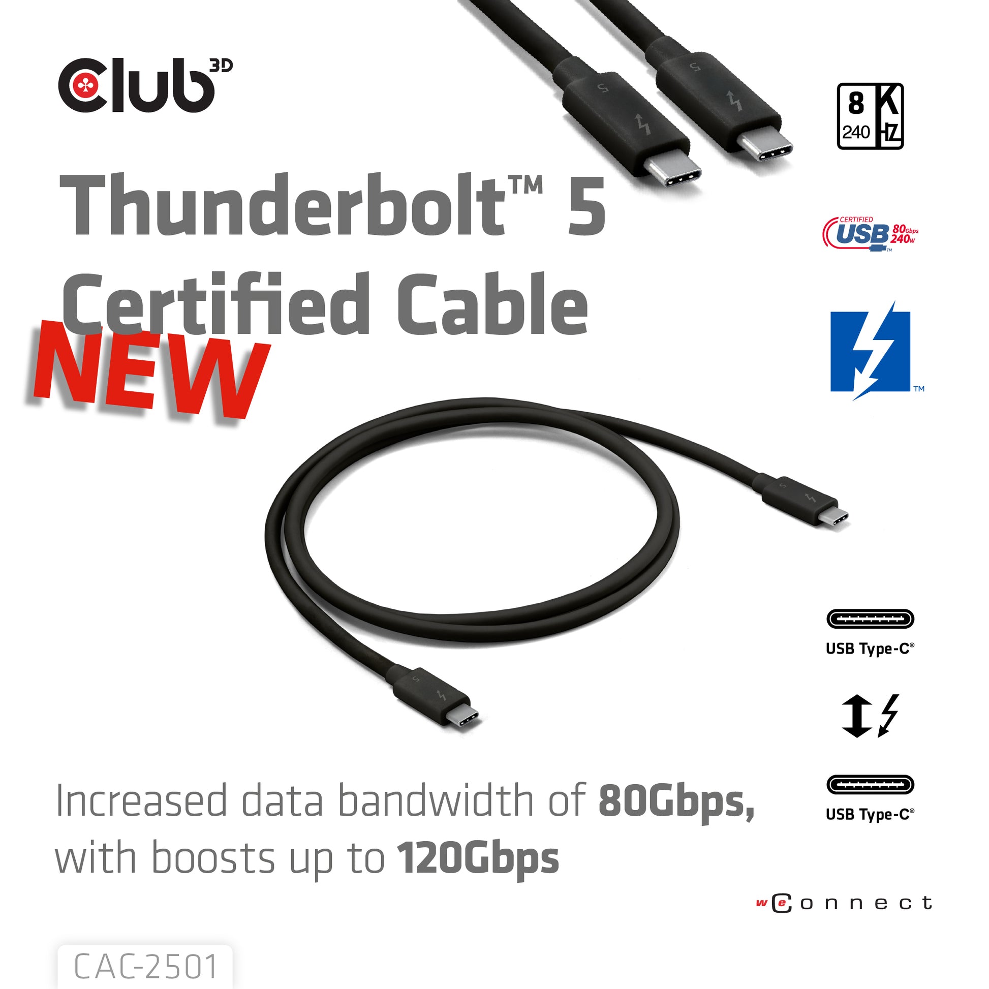 CLUB3D USB-C-zu-USB-C Anschlusskabel – 1 m, Thunderbolt 5, 120 Gbit/s, 240 W, Schwarz