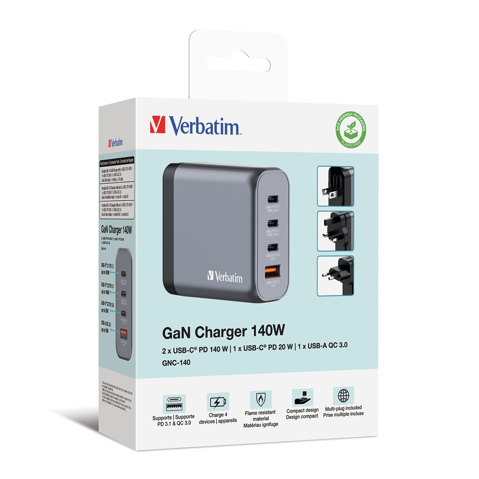 Verbatim 32203 Ladegerät – 140 W, 3× USB-C + 1× USB-A, PD, QC, PPS, GaN