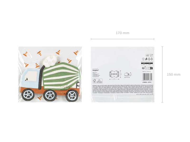PartyDeco Servietten Baufahrzeuge – mehrfarbig – 16 × 13 cm, 3-lagig – 20 Stück