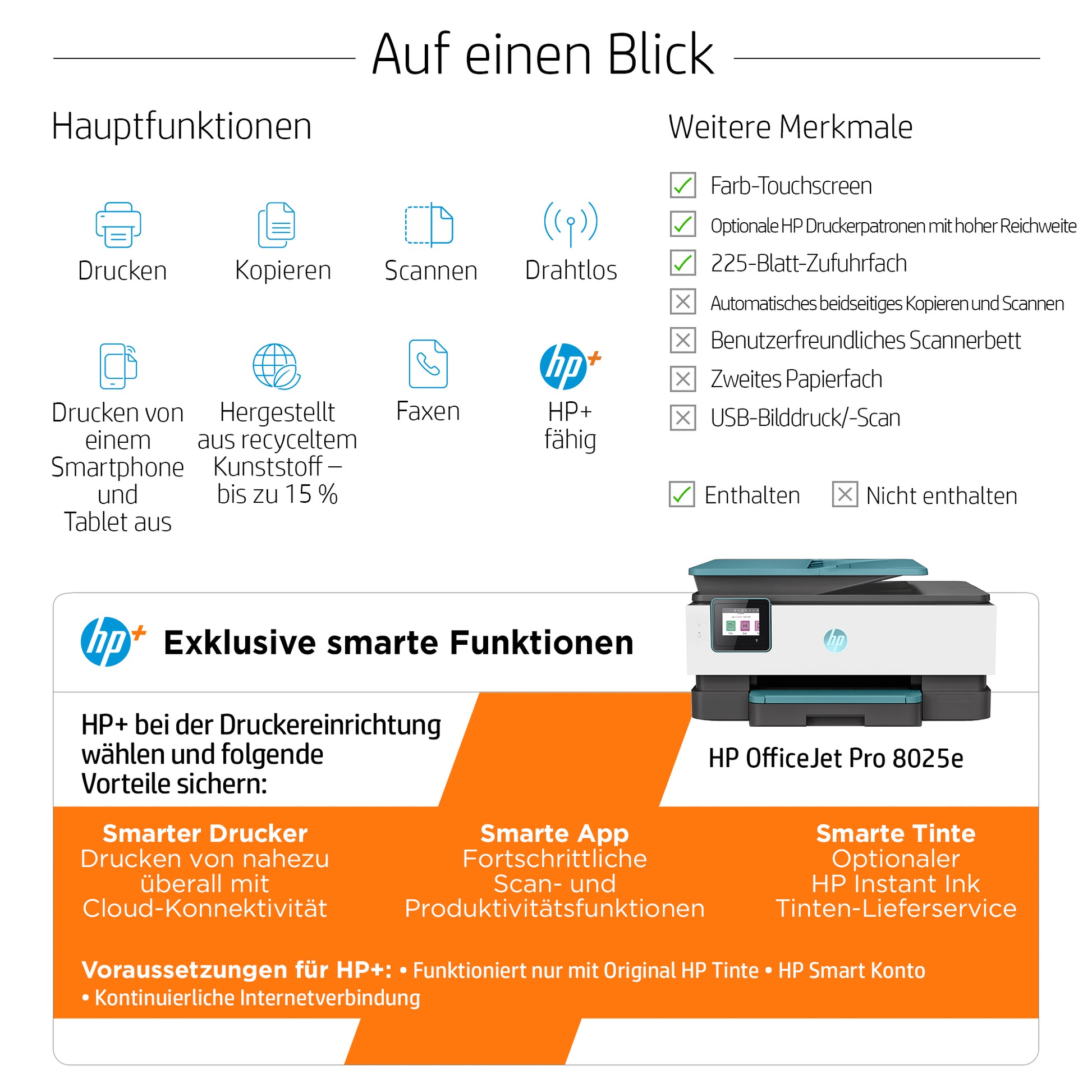 HP OFFICEJET PRO 8025E – Farbtintenstrahl-Multifunktionsdrucker, A4, 4-in-1, Duplex, ADF, WLAN/LAN, AirPrint
