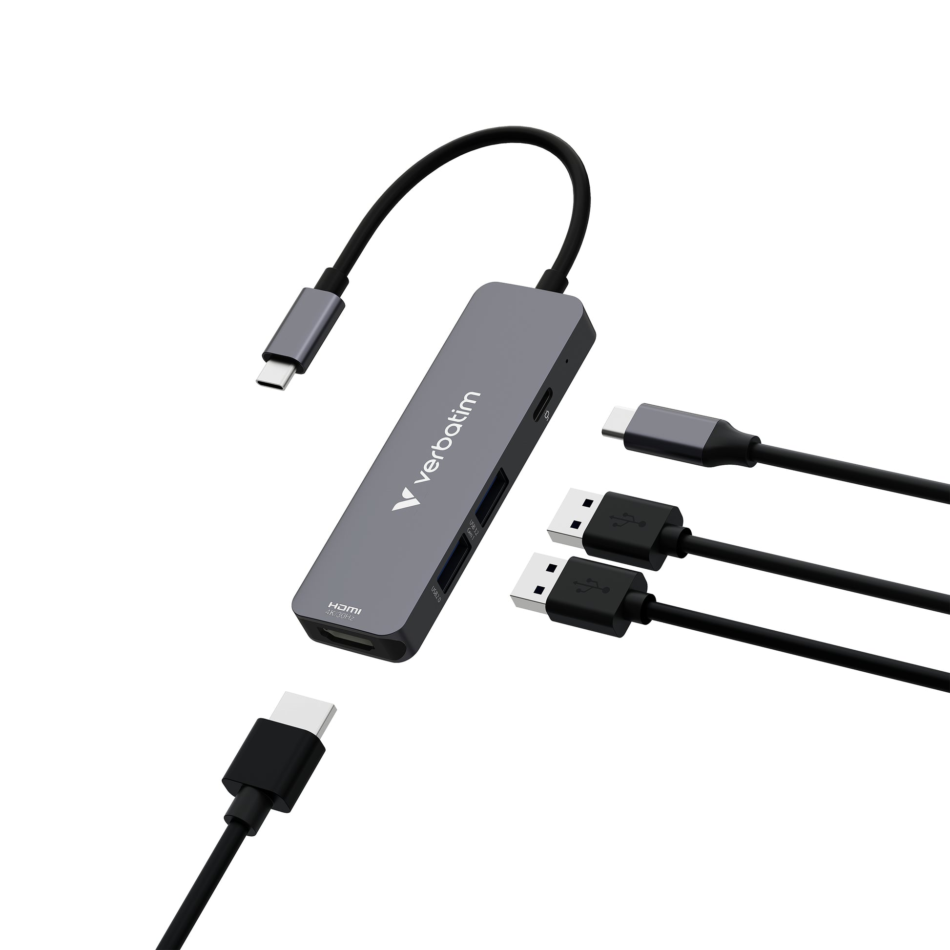 Verbatim 32155 Multiport-Adapter – USB-C, 1× HDMI, 2× USB-A, 100 W PD, für Windows/Mac/Linux