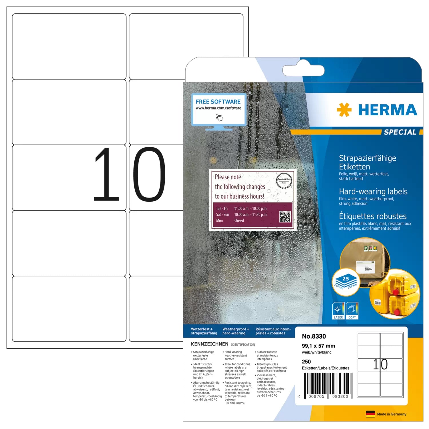 HERMA Selbstklebende Etiketten, 99 mm × 57 mm, weiss, Folie, extra stark, 250 Etiketten (25 Blatt)