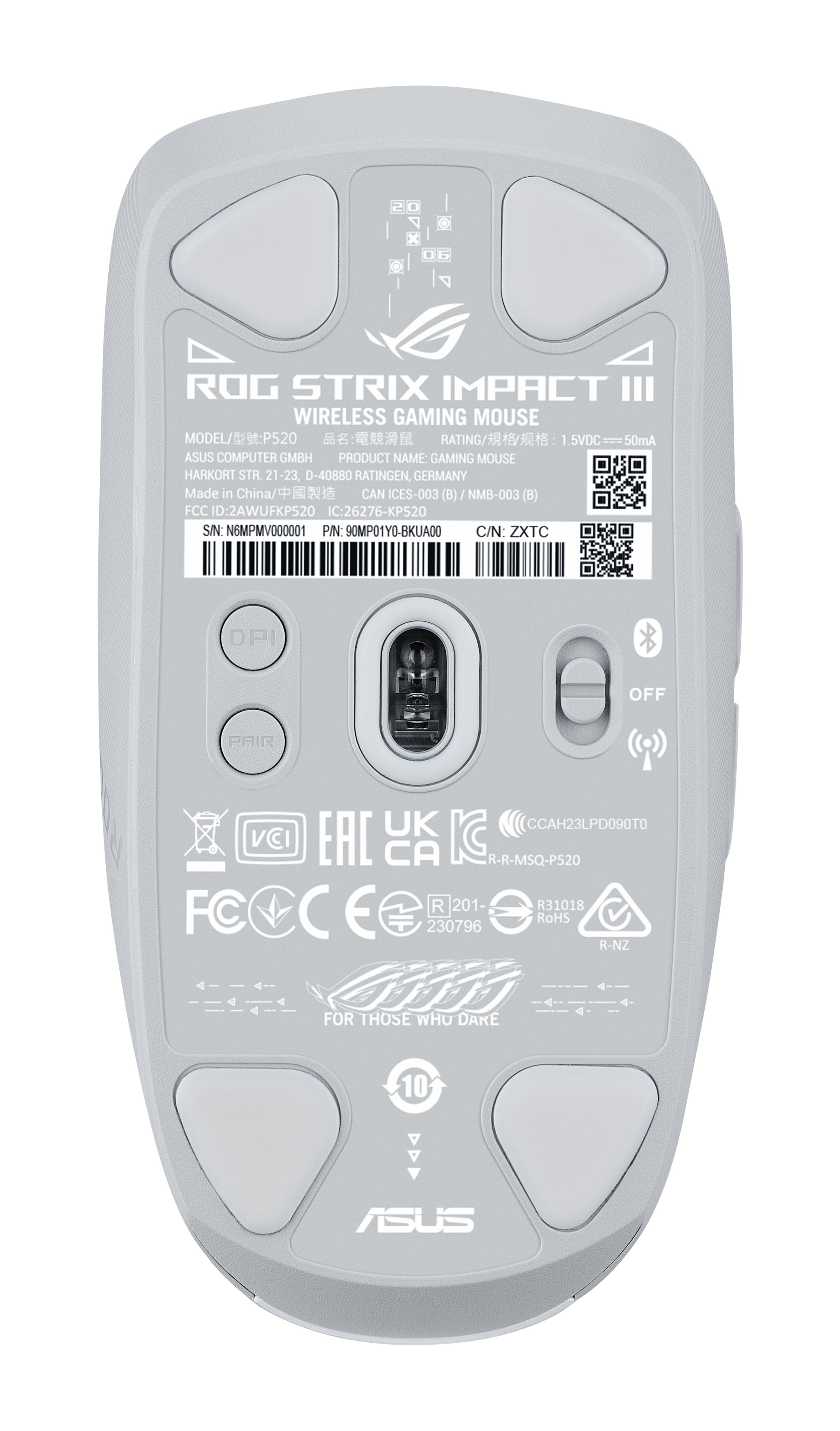 ASUS ROG Strix Impact III Wireless – Gaming-Maus – Kabellos (Bluetooth/2,4 GHz), 36000 DPI, beidhändig, Weiss