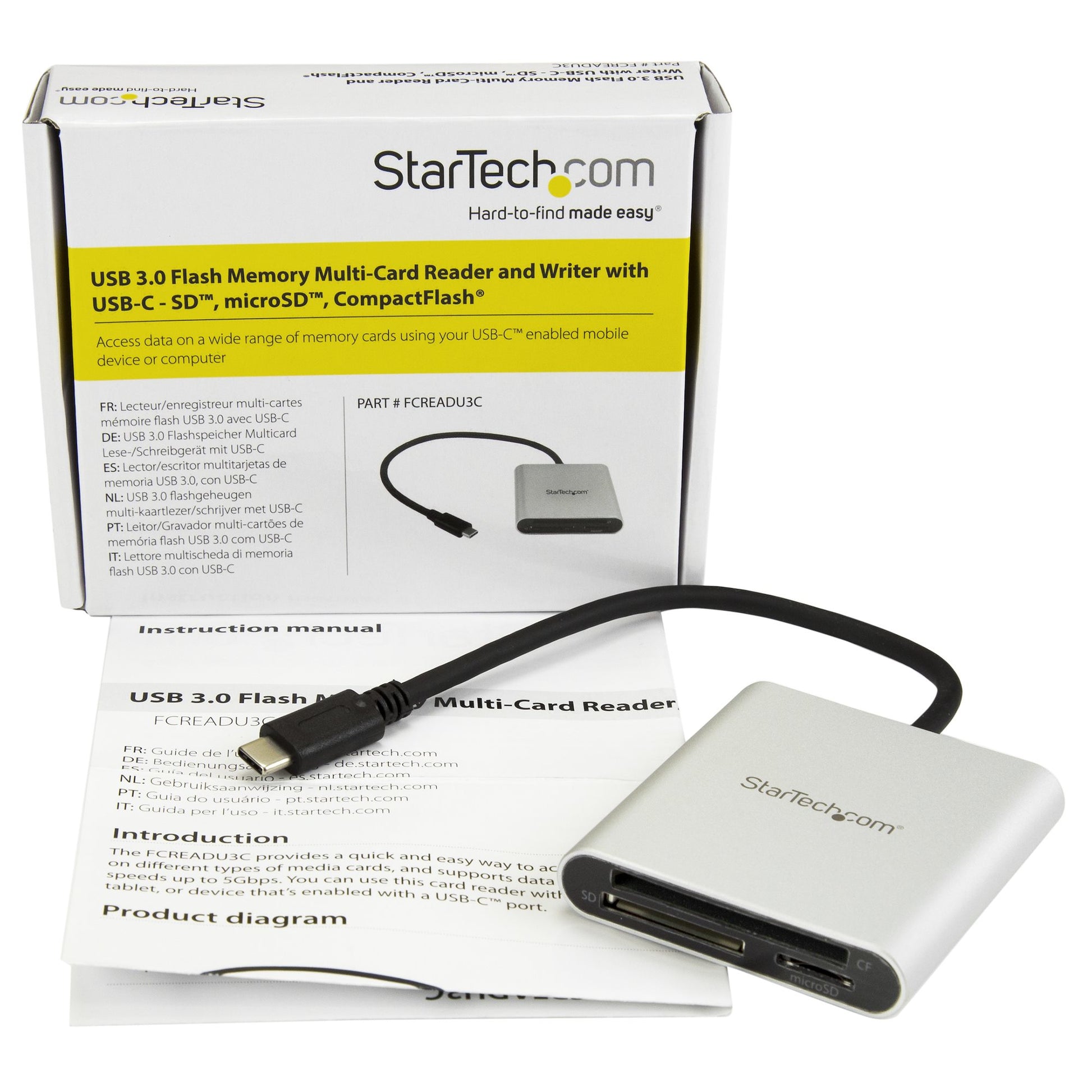 StarTech.com USB-Kartenleser USB-C – SD, microSD, CF, MMC – USB 3.2 Gen 1 (5 Gbit/s) – Schwarz/Silber