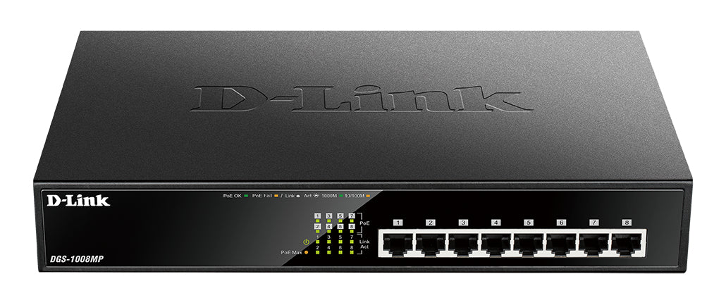 D-Link DGS-1008MP – Unmanaged Switch – 8× 1G, PoE+, PoE-Budget 140 W, 1U