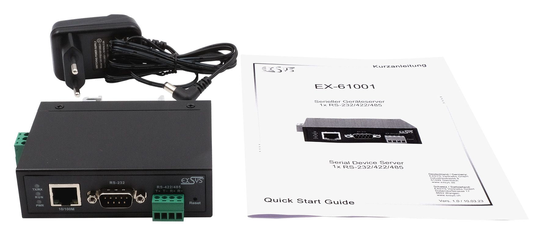 EXSYS EX-61001 RS-232 zu Ethernet Gateway – 1× RS-232/422/485, 10/100/1000 Mbit/s – Metall, DIN-Schiene