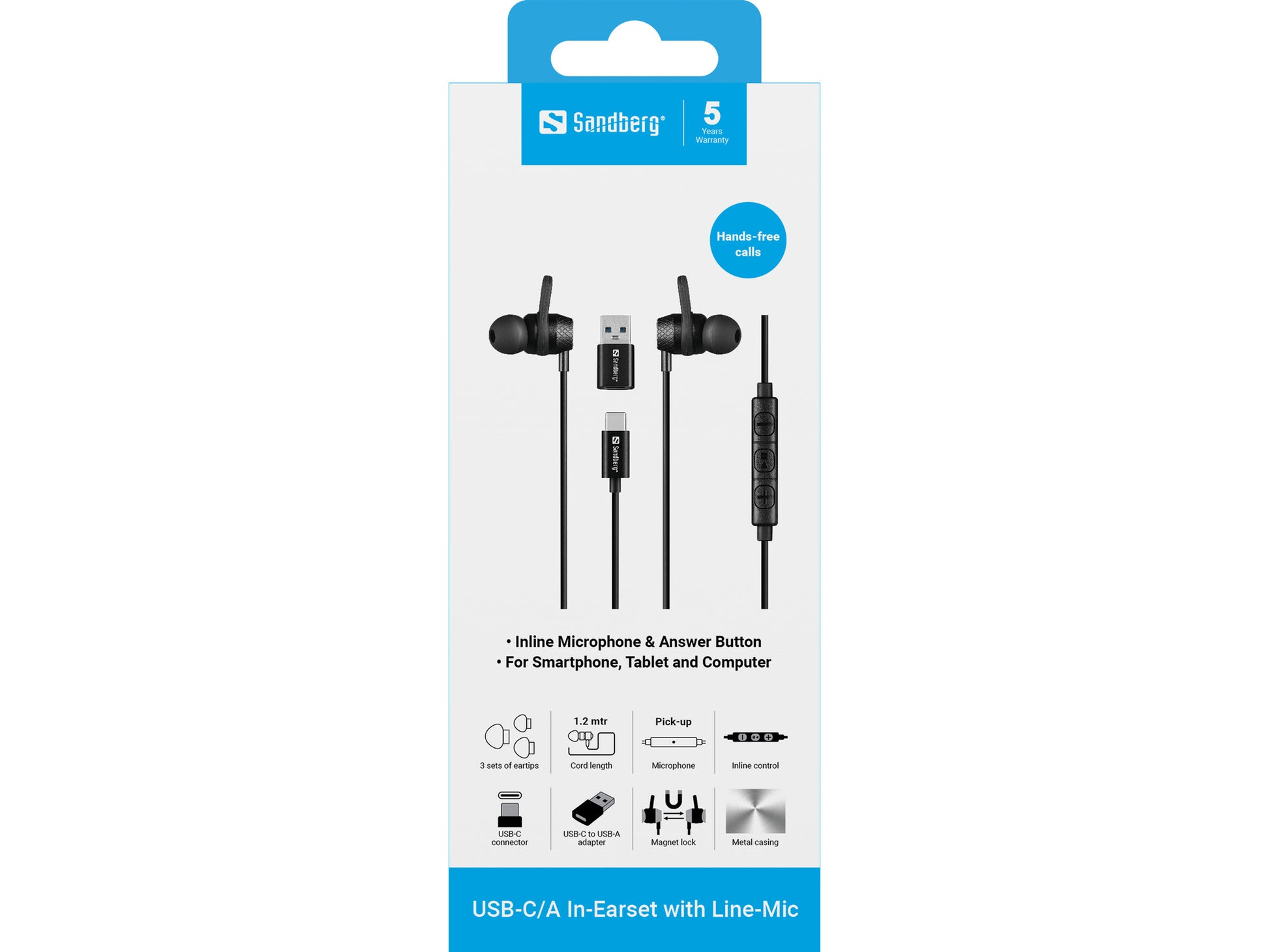 Sandberg In-Ear Kopfhörer – Stereo, Kabel, USB-C/USB-A, mit In-Line-Mikrofon, mit USB-Adapter, Schwarz