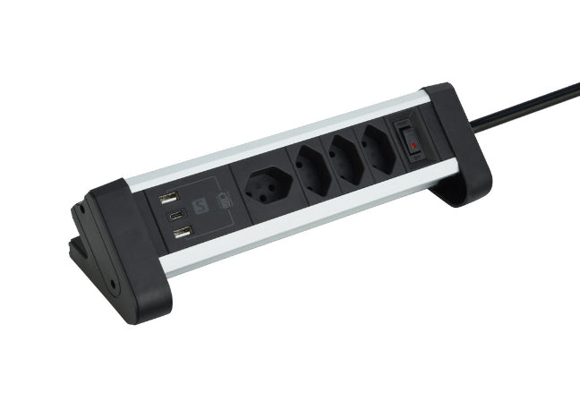 M. Schönenberger Schönenberger Alu-Office-Line Steckdosenleiste – 4× T13, USB‑A/C, 2 m, mit Schalter, Schwarz/Silber