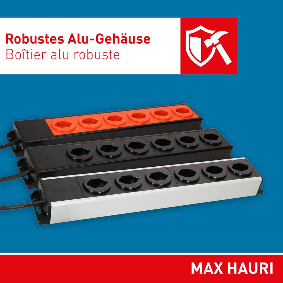 Max Hauri AG Max Hauri Power Line Steckdosenleiste – 8×T13, ohne Schalter, 1,5 m, Eingang T12, Überlastschutz – grau/schwarz