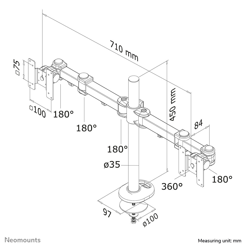 Neomounts Monitorarm, Dual, Tischdurchführung, bis 27", VESA 75 × 75/100 × 100 mm, 8 kg
