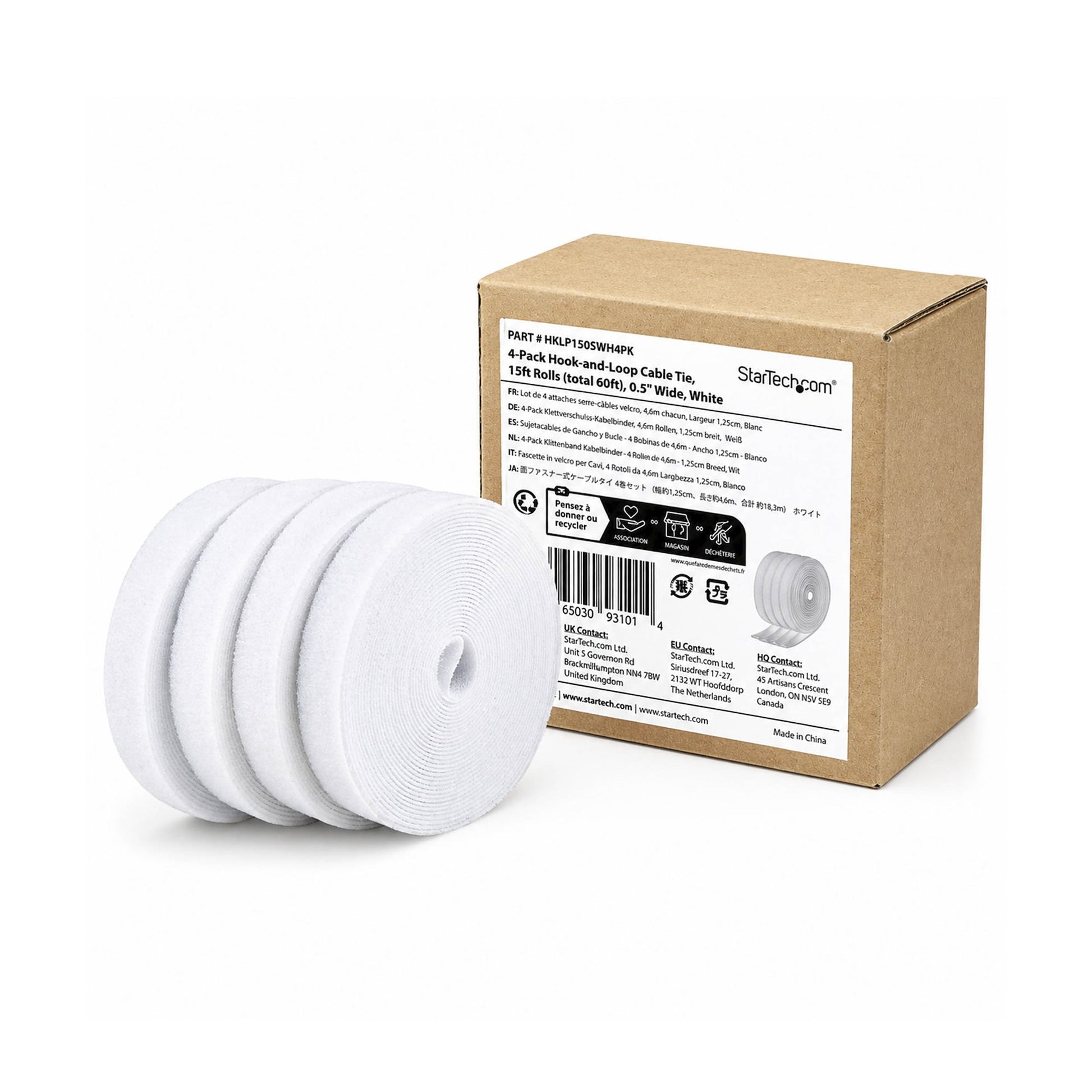 StarTech.com Klettbandrolle, 12,7 mm × 4,6 m, Weiss, 4 Stück