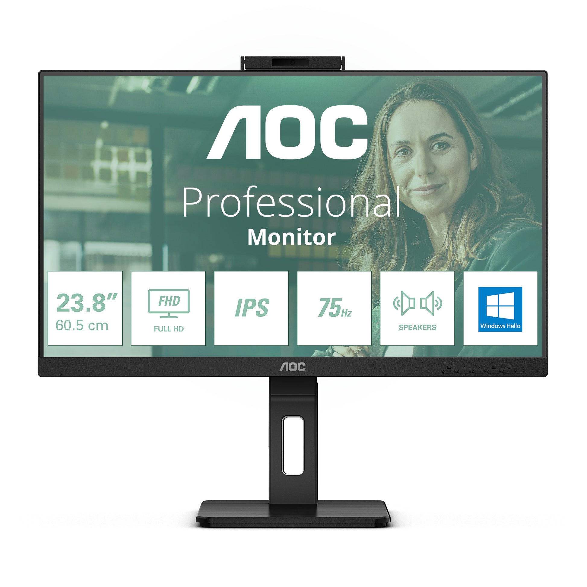 AOC 24P3CW – Monitor, 23,8", IPS, 75 Hz, 300 cd/m², Webcam, USB-C (65 W PD), VESA 100 × 100, Schwarz