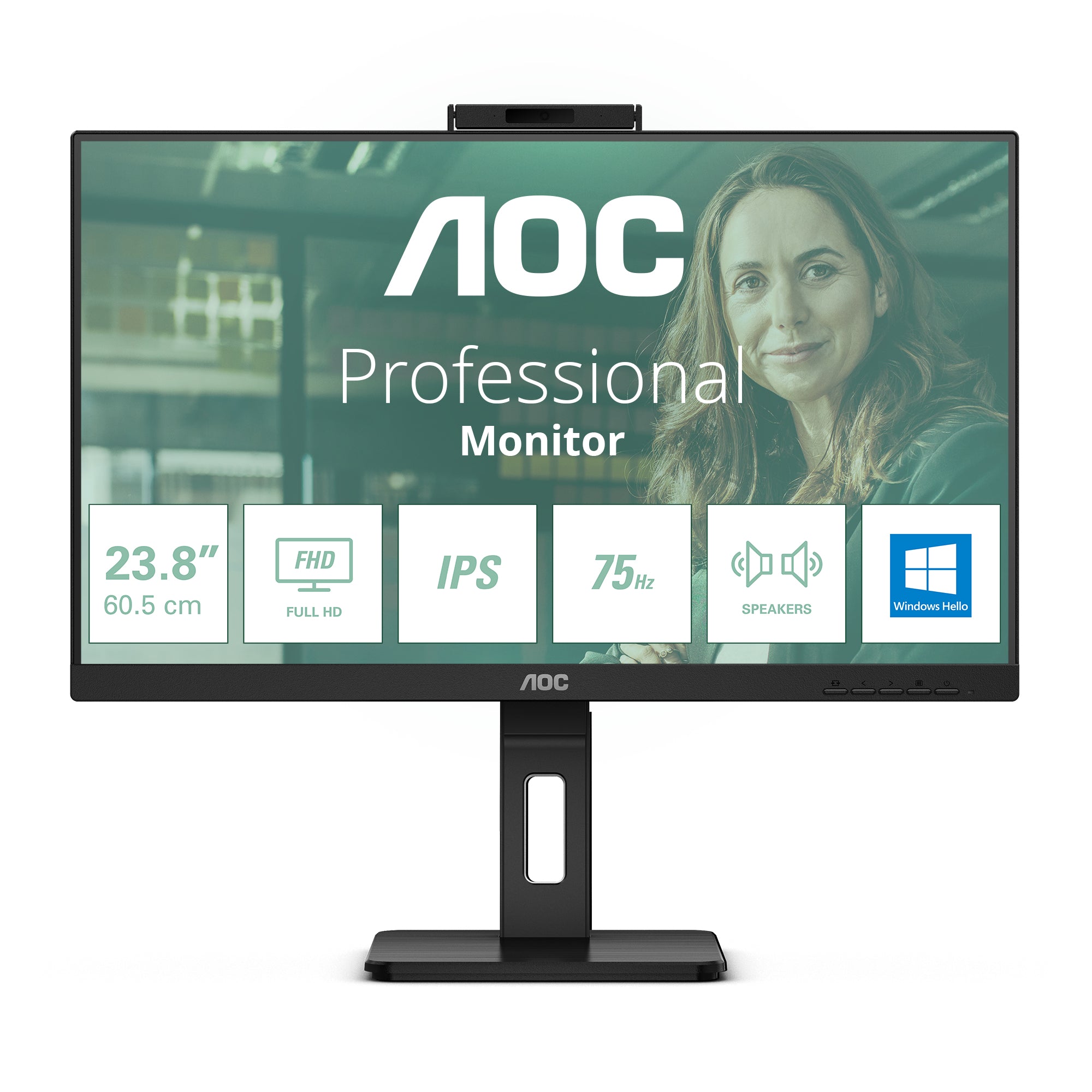 AOC 24P3CW – Monitor, 23,8", IPS, 75 Hz, 300 cd/m², Webcam, USB-C (65 W PD), VESA 100 × 100, Schwarz