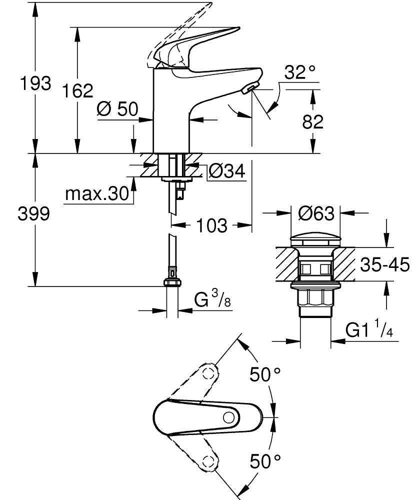 GROHE Swift Einhebelmischer S – Anschlussmass 1/2, 46 × 103 × 162 mm, Messing, Chrom, Einlochmontage