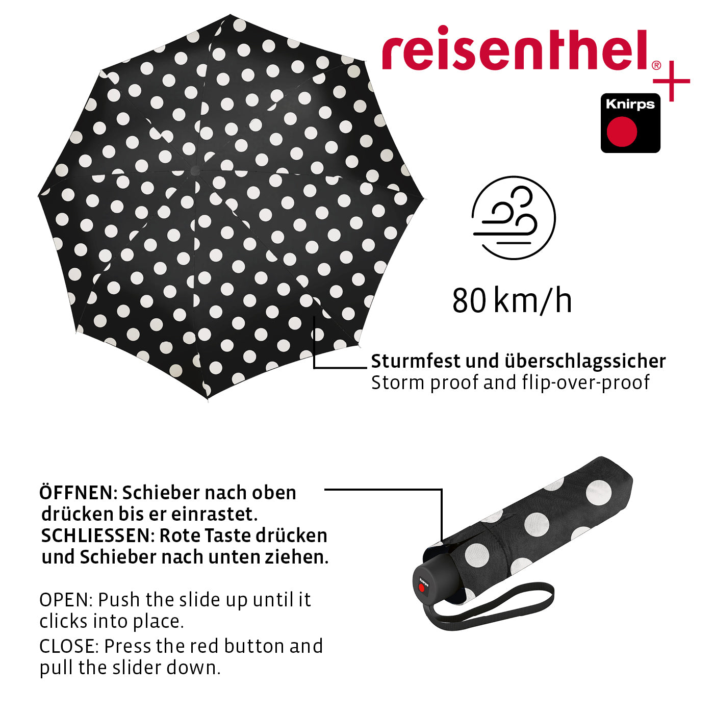 Reisenthel Taschenschirm – Ø 99 cm, L 24 cm – Punkte Weiss – Polyester – Recyceltes Material